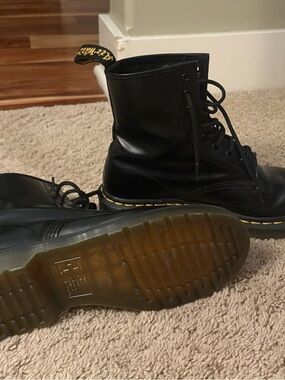 Dr. Martens Black Leather Lace-Up Ankle Boots with Yellow Heel Loop